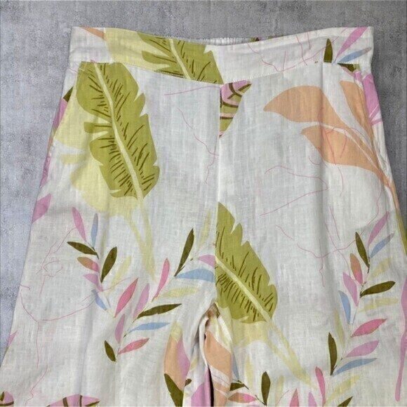 Cynthia Rowley Linen Pants Womens L Cream Tropical Print Wide Leg Crop Pull On - Picture 4 of 15